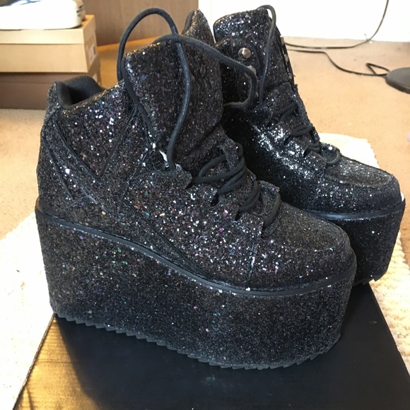 black glitter platform boots